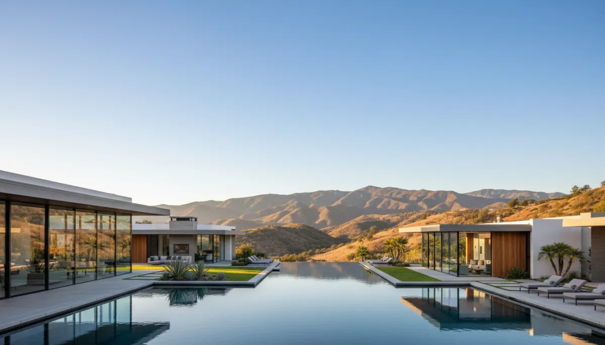 photorealistic modern luxury California home with floor-to-ceiling glass, pool, and mountain backdrop under clear sky, neutral tones photorealistic modern luxury California home with floor-to-ceiling glass, pool, and mountain backdrop under clear sky, neutral tones