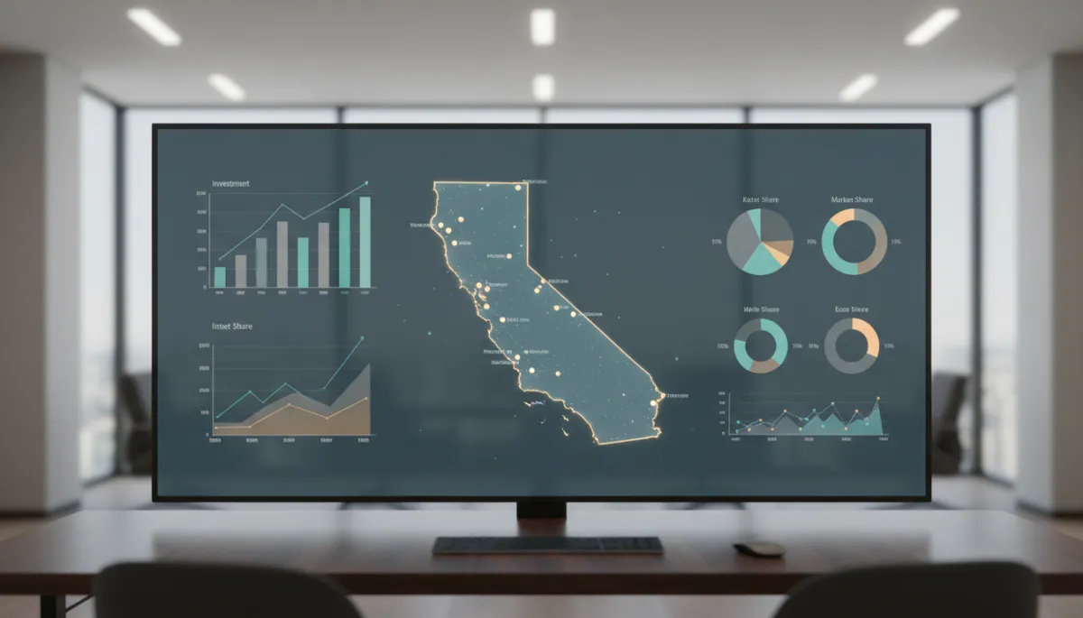 photorealistic digital screen or map highlighting California with charts and investment data overlays in neutral office setting photorealistic digital screen or map highlighting California with charts and investment data overlays in neutral office setting