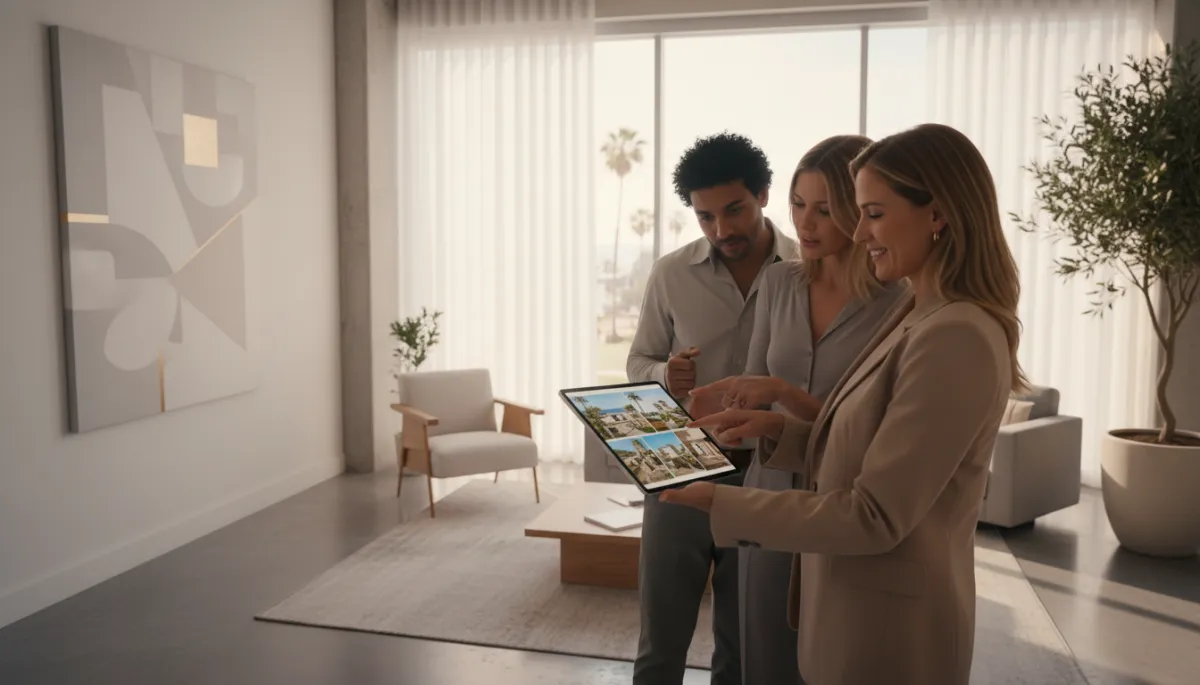 photorealistic scene of real estate agent in neutral modern office showing California property listings on a tablet to an international couple, soft natural light, neutral tones photorealistic scene of real estate agent in neutral modern office showing California property listings on a tablet to an international couple, soft natural light, neutral tones
