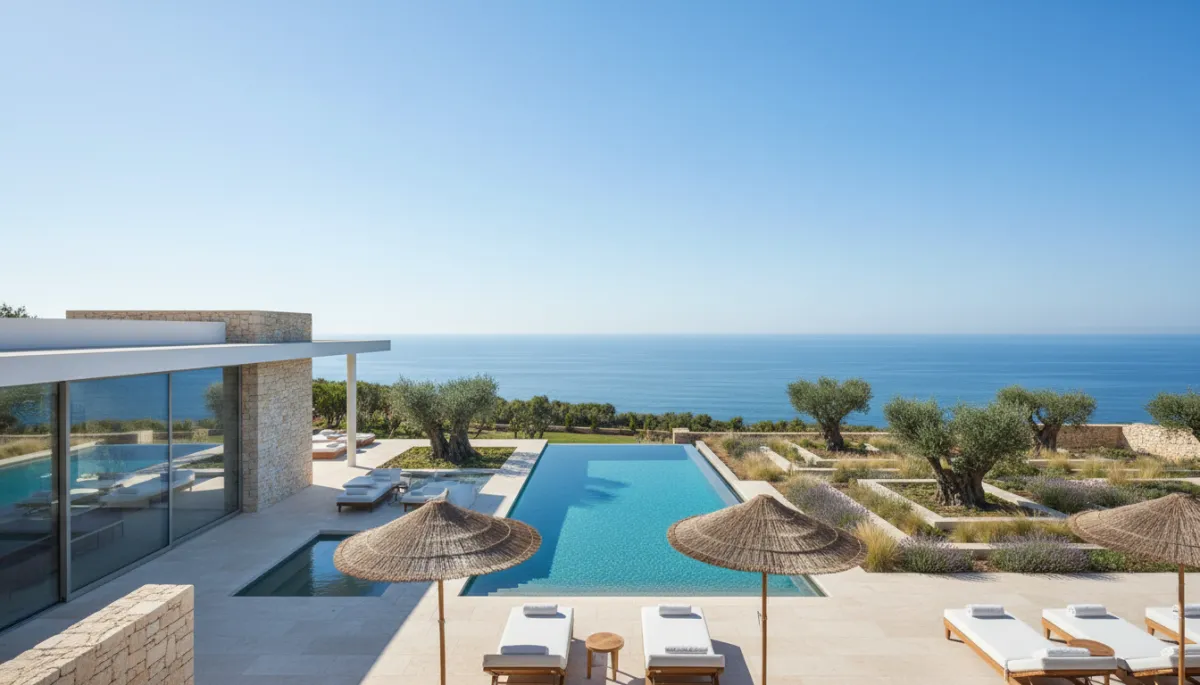 photorealistic luxury Algarve villa with private pool, manicured garden, and Atlantic Ocean view on a sunny day, neutral tones