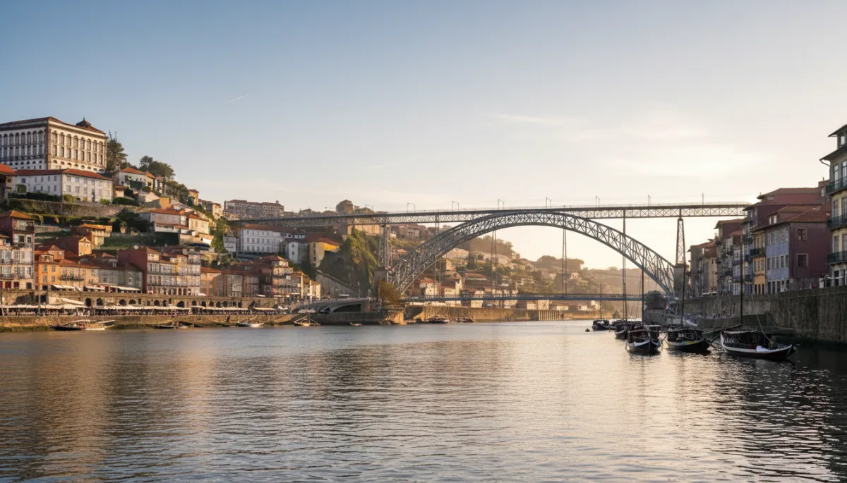 photorealistic view of Porto riverside Ribeira district with colourful buildings and Douro river on a sunny day, neutral tones