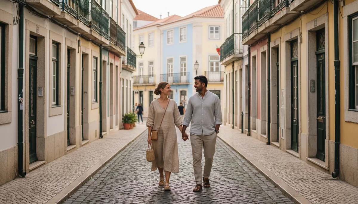 photorealistic international couple walking through a traditional Portuguese cobblestone street lined with pastel buildings, relaxed lifestyle mood, neutral colors