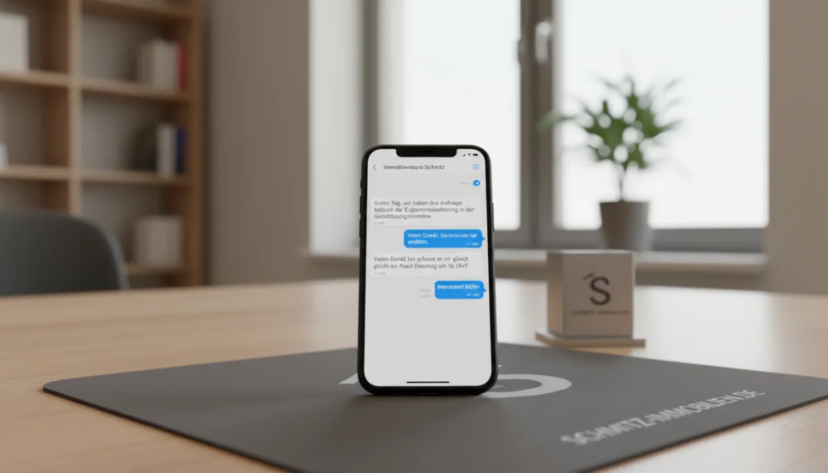 photorealistic neutral close-up of a smartphone in a professional real estate office, screen showing a WhatsApp conversation in German about a property enquiry, with subtle agency branding visible on desk and phone case