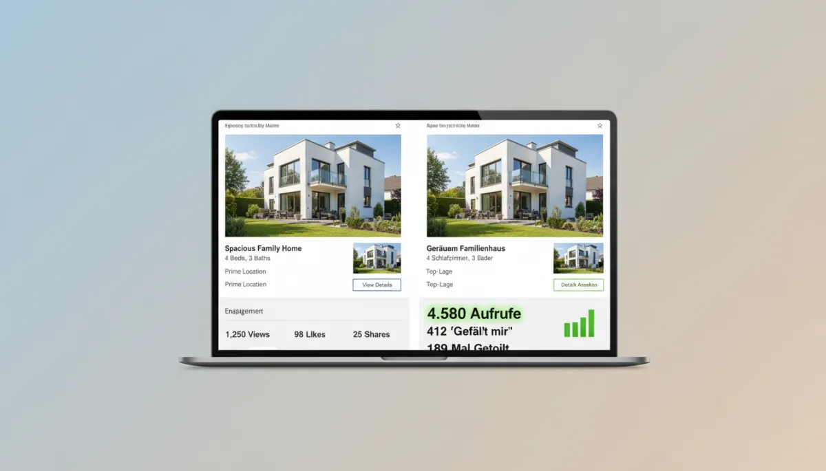 photorealistic neutral split-screen layout showing two nearly identical property ads on a laptop screen, one in English and one in Dutch or German, with the native-language ad clearly showing higher engagement metrics and highlighted performance indicators