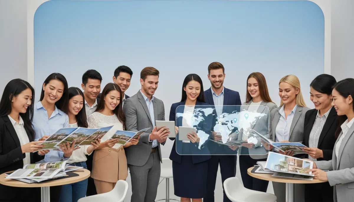 photorealistic neutral indoor real estate fair scene with a diverse group of international buyers from different nationalities smiling and reviewing printed property brochures and tablet listings together with an agent