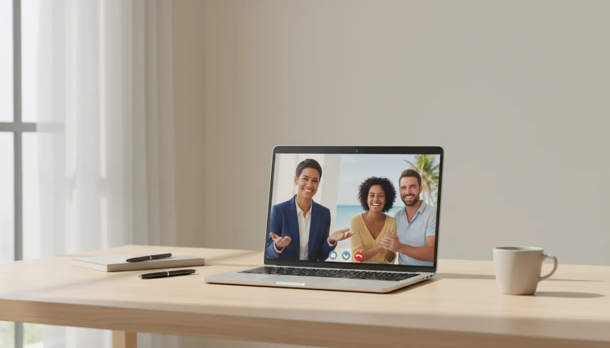 photorealistic neutral-toned workspace, laptop on a table showing a video call between a professional real estate agent and an international couple, both smiling, daylight