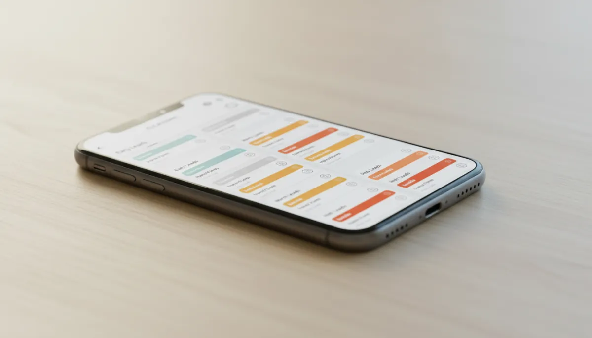 photorealistic neutral-toned close-up of a smartphone on a desk, open CRM app with columns labeled early, warm, hot leads, some contacts tagged as international