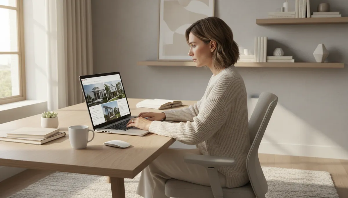 photorealistic neutral-toned modern home office, real estate agent at laptop editing a blog post with property images on screen, daylight from window, tidy desk