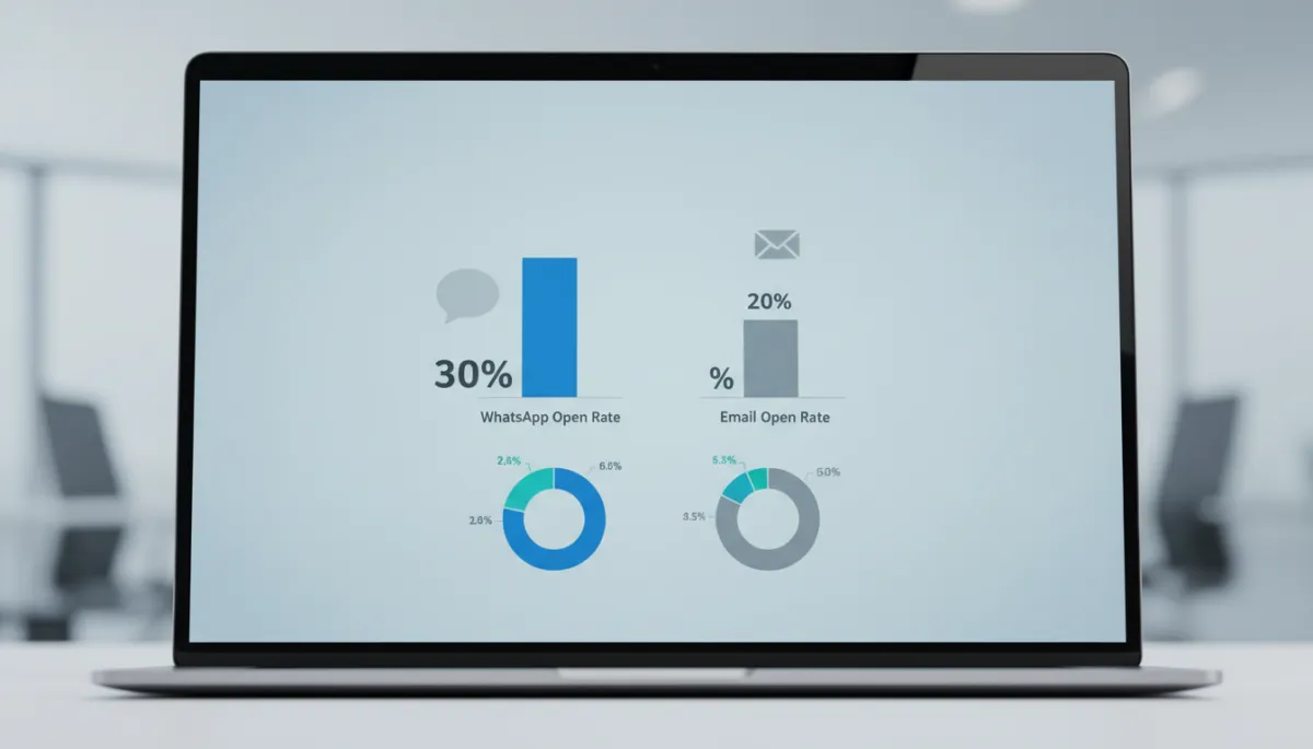 photorealistic neutral infographic on a laptop screen comparing WhatsApp and email open rates side by side, subtle charts and percentages visible photorealistic neutral infographic on a laptop screen comparing WhatsApp and email open rates side by side, subtle charts and percentages visible
