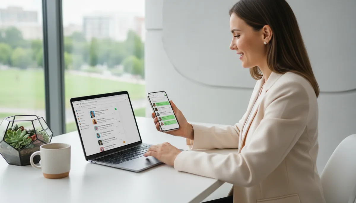 photorealistic bright modern workspace with a real estate agent at a desk, laptop open to WhatsApp Web showing multiple chats, phone in hand with matching WhatsApp conversations photorealistic bright modern workspace with a real estate agent at a desk, laptop open to WhatsApp Web showing multiple chats, phone in hand with matching WhatsApp conversations