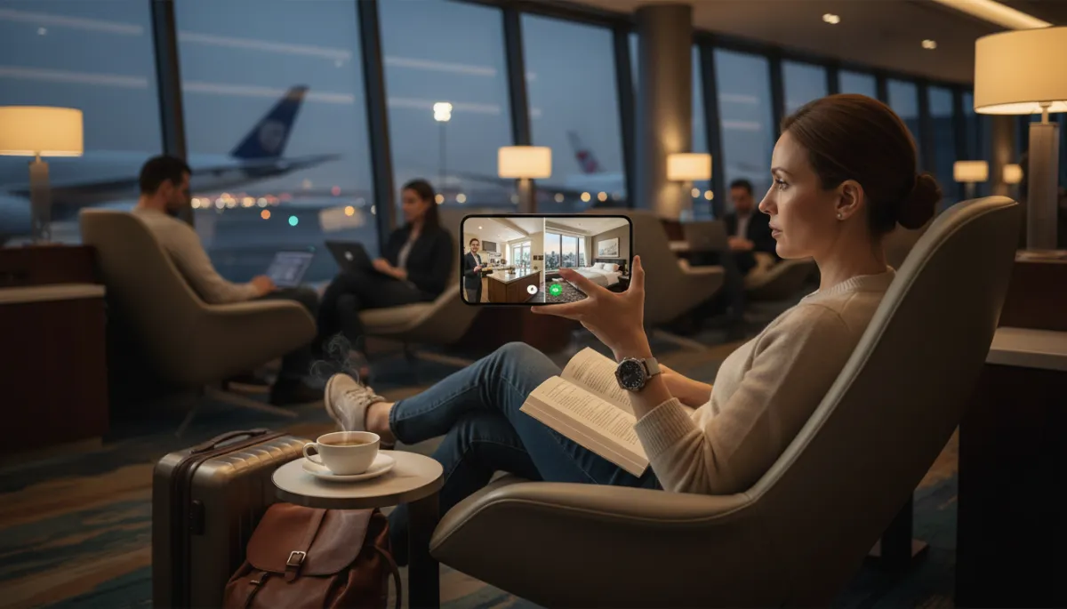 photorealistic airport lounge scene with an international traveler seated comfortably, looking at a smartphone showing a WhatsApp video thumbnail of a property tour photorealistic airport lounge scene with an international traveler seated comfortably, looking at a smartphone showing a WhatsApp video thumbnail of a property tour