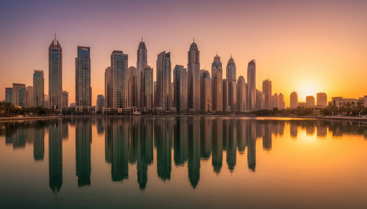 photorealistic neutral-tone view of Dubai skyline at sunset with luxury residential towers reflecting on calm water, warm sky, modern architecture