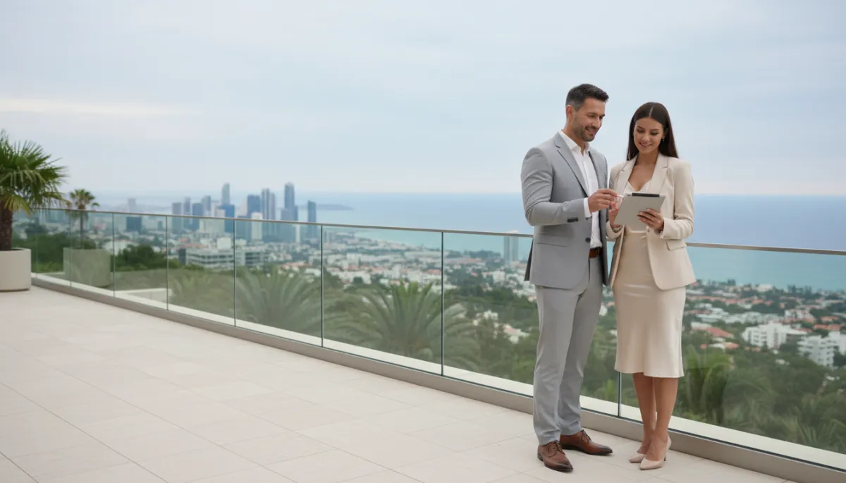 photorealistic neutral-tone scene of international investor couple standing on terrace of scenic overseas property, looking confident while reviewing documents on tablet, ocean or city view in background