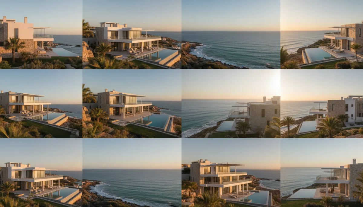 photorealistic neutral-tone collage of Mediterranean coastal properties in Spain and Portugal, golden late-afternoon sunlight, mix of modern apartments and villas with sea views