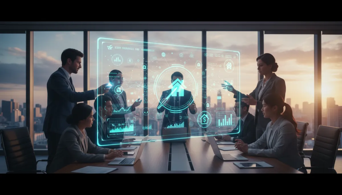 A photorealistic, high-quality image of a modern real estate office with a professional real estate agent sitting at a sleek desk, attentively reviewing a laptop screen displaying a colorful CRM dashboard filled with client leads, property listings, and analytics charts. In the background, digital icons representing automation, communication, and property management float subtly, suggesting the A photorealistic, high-quality image of a modern real estate office with a professional real estate agent sitting at a sleek desk, attentively reviewing a laptop screen displaying a colorful CRM dashboard filled with client leads, property listings, and analytics charts. In the background, digital icons representing automation, communication, and property management float subtly, suggesting the