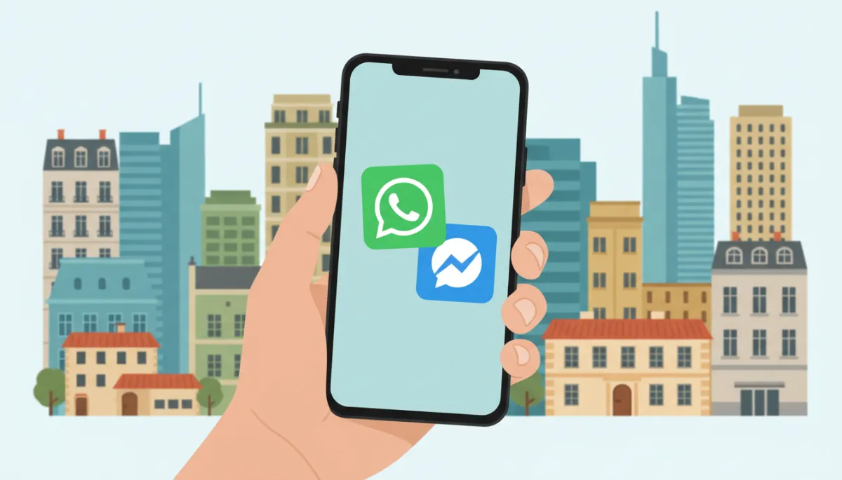 A close-up image of a real estate agent's smartphone displaying both WhatsApp and Messenger app icons, with international property listings visible in the background.