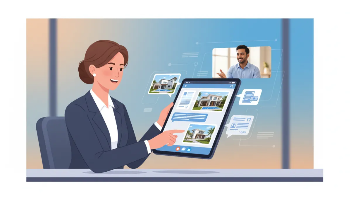 A real estate agent communicating with an international property buyer via WhatsApp on a tablet, with property images and documents visible in the chat.