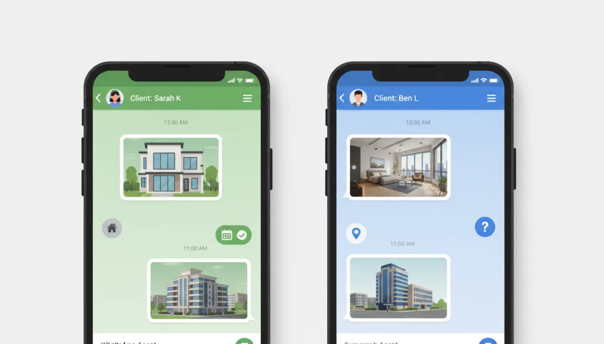 A modern, side-by-side visual comparison of WhatsApp and Messenger interfaces on smartphones, tailored for real estate agents in 2026, showing property images and chat bubbles.