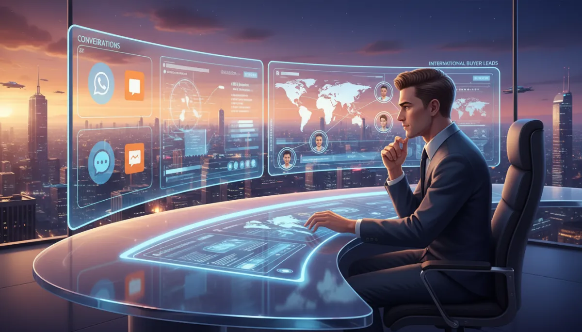 A futuristic real estate office setup showing an agent using a CRM dashboard that integrates WhatsApp and Messenger conversations, with international buyer leads on screen.