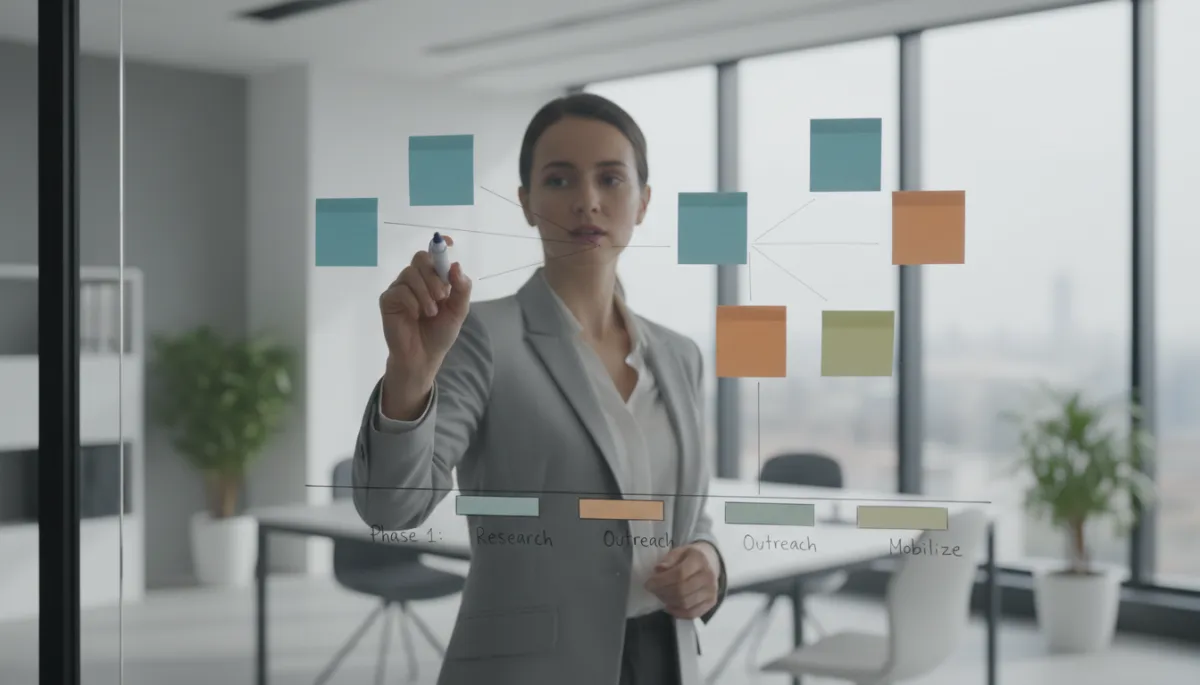 Profissional apresentando planejamento de campanha política em quadro com cronograma e etapas Profissional apresentando planejamento de campanha política em quadro com cronograma e etapas