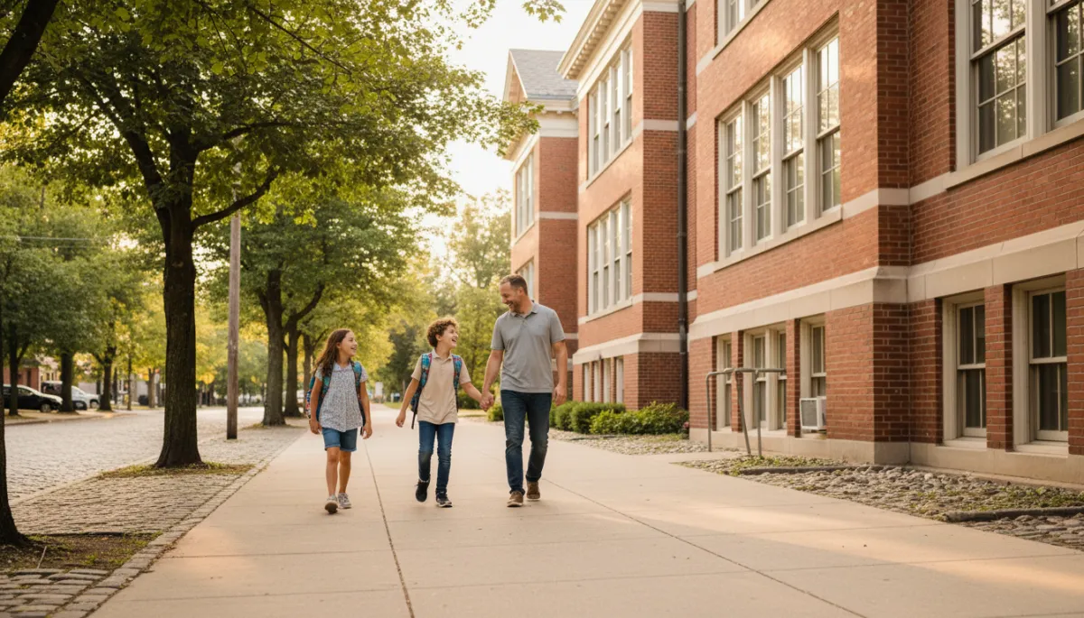 Photorealistic family walking near a school in Madison NJ