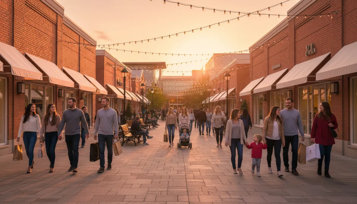 People enjoying shopping and dining near Livingston Mall at sunset