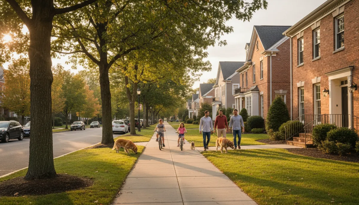 Families enjoying a walk and bike ride along a tree-lined street in New Providence NJ