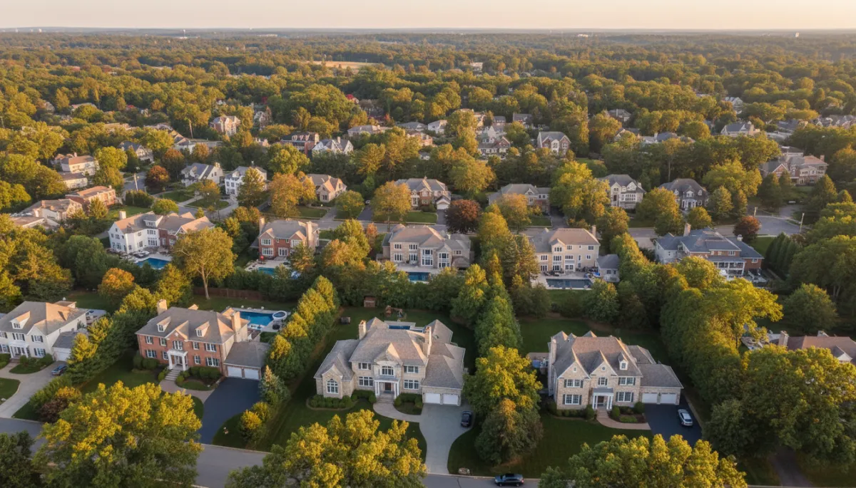 Aerial view of Millburn New Jersey neighborhood with diverse luxury homes