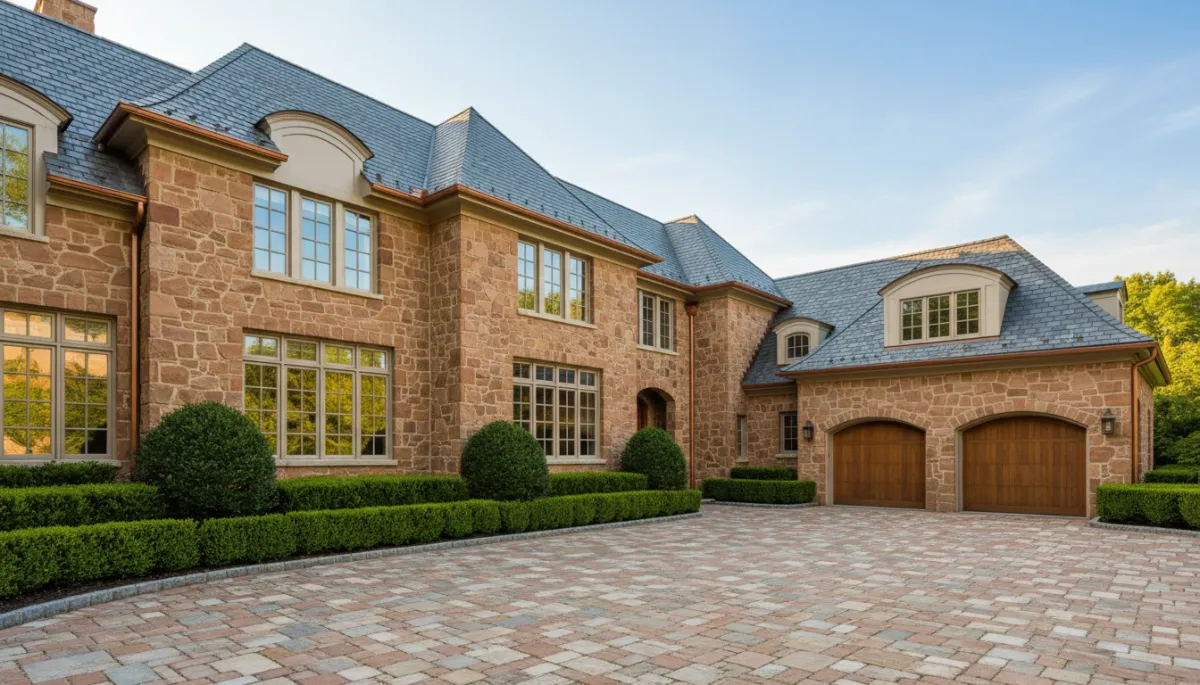Elegant stone estate home in Short Hills NJ with manicured landscaping
