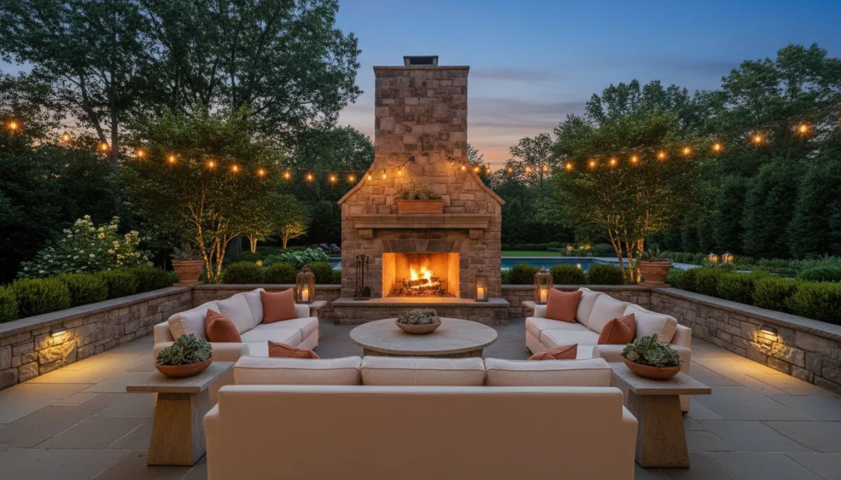 Outdoor entertaining terrace at a Short Hills NJ luxury estate at twilight