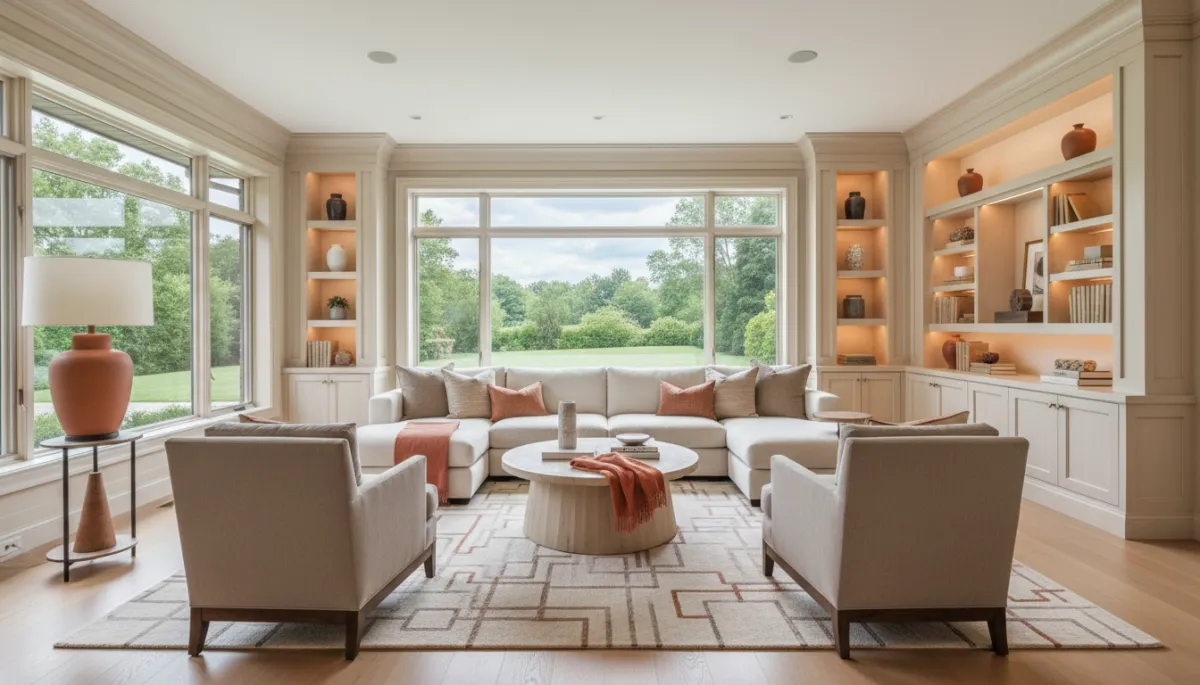 Elegant family room in a Short Hills NJ luxury home with large windows