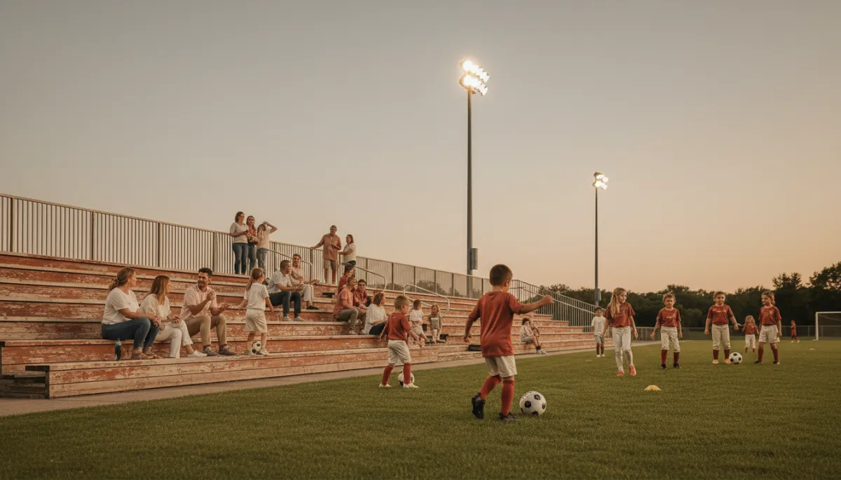 Families gathered at a Florham Park sports field near The Fenway at dusk