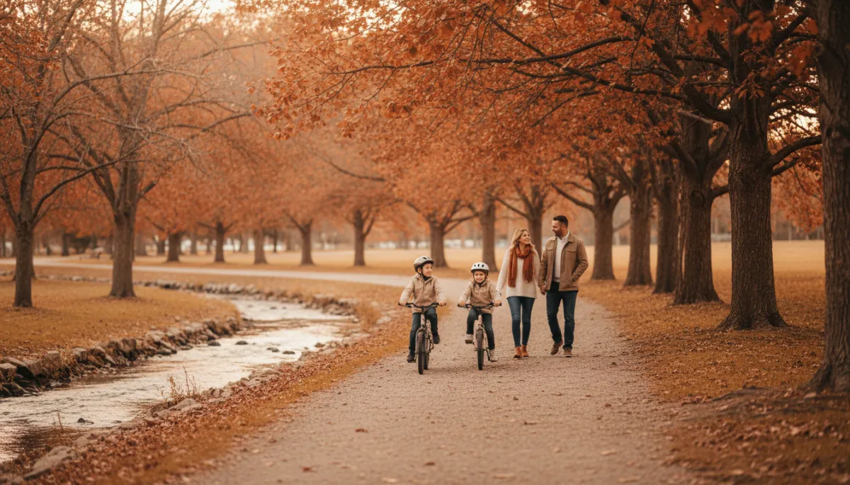 Family walking and biking along a wooded trail near a brook in Florham Park
