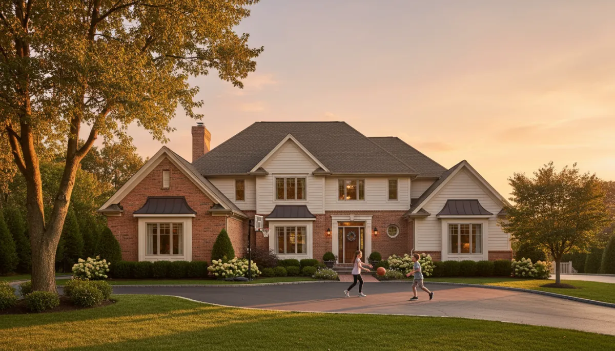 Newer colonial-style family home in Florham Park with children playing outside