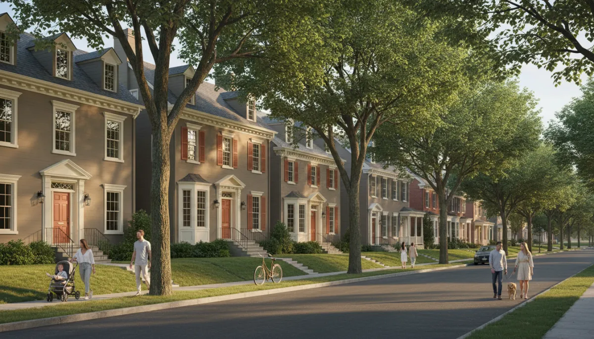 Tree-lined residential street in Morristown NJ with historic homes