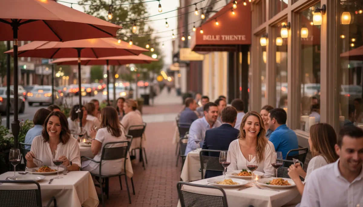 Outdoor dining scene in downtown Morristown NJ during the evening