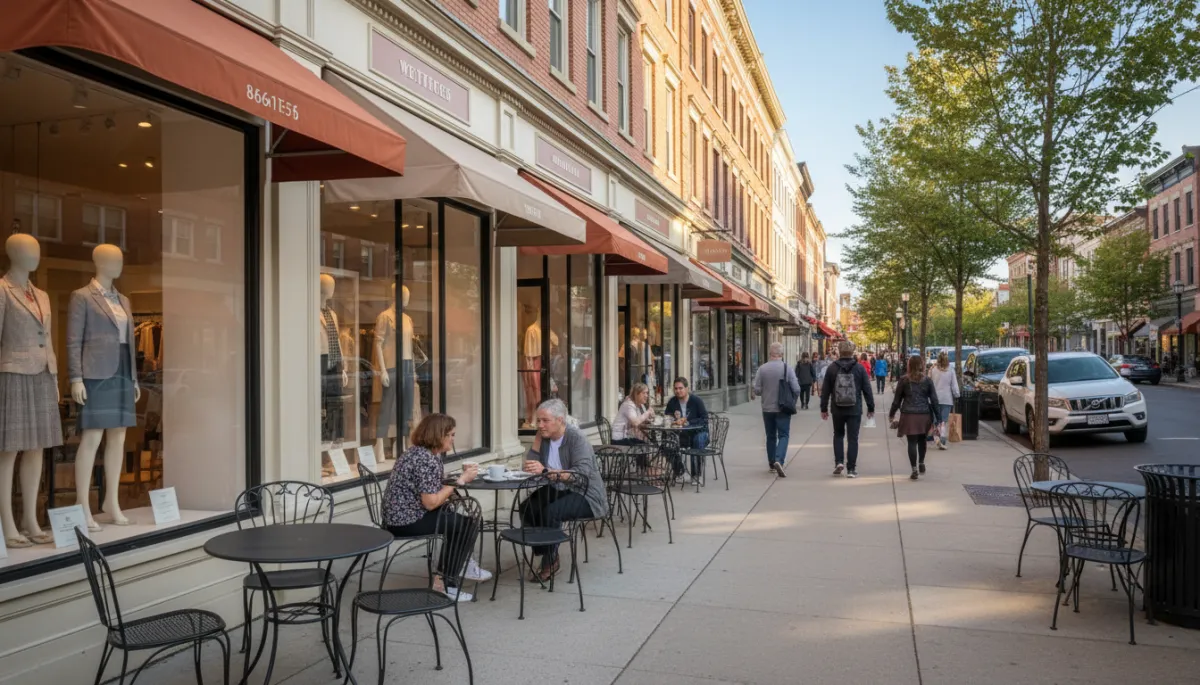 Downtown Westfield NJ with restaurants, boutiques, and pedestrians