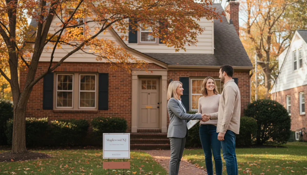 Realtor speaking with home buyers in front of a Maplewood house