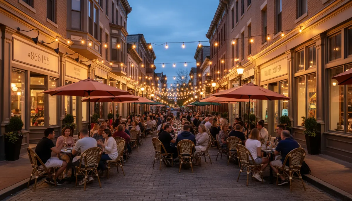People dining and walking along Maplewood Avenue in the evening