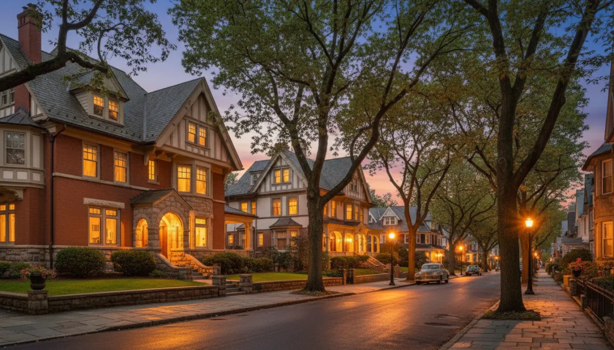 Victorian and Tudor homes on a tree-lined street in South Orange NJ