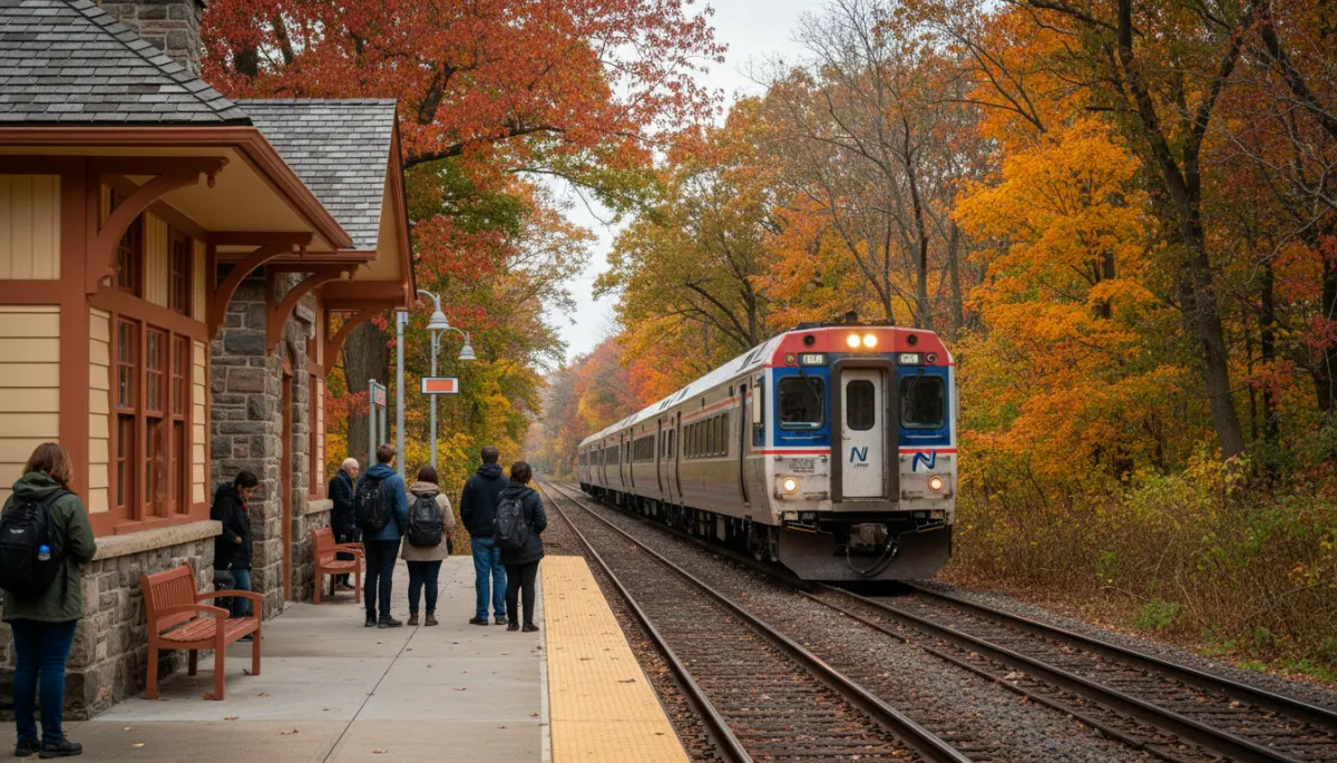 NJ Transit commuter train arriving at a suburban station near Berkeley Heights