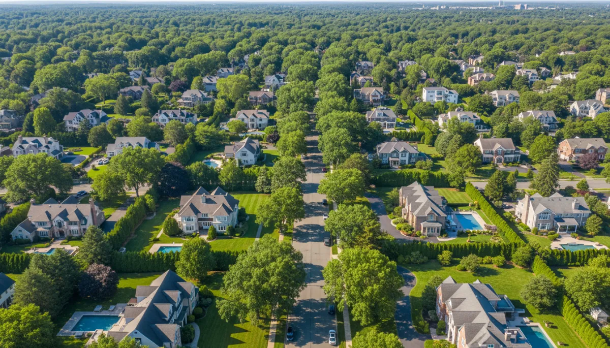A regular, high-resolution, realistic aerial photo of a Millburn, New Jersey neighborhood with diverse luxury homes. Tree-lined streets, well-maintained properties, clear daylight. No watercolor or artistic filter.
