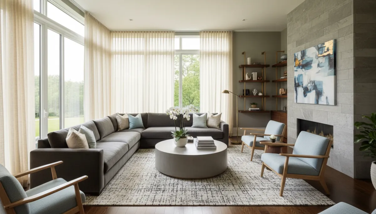 A regular, high-resolution, realistic photo of a luxury living room interior in a Millburn, New Jersey home. Elegant, contemporary décor, natural lighting, welcoming and sophisticated. No watercolor or artistic filter.