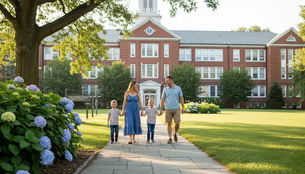 A regular, high-resolution, realistic photo of a family walking near a top-rated public school in Millburn, New Jersey. School visible in background, bright daylight, candid and natural. No watercolor or artistic filter.
