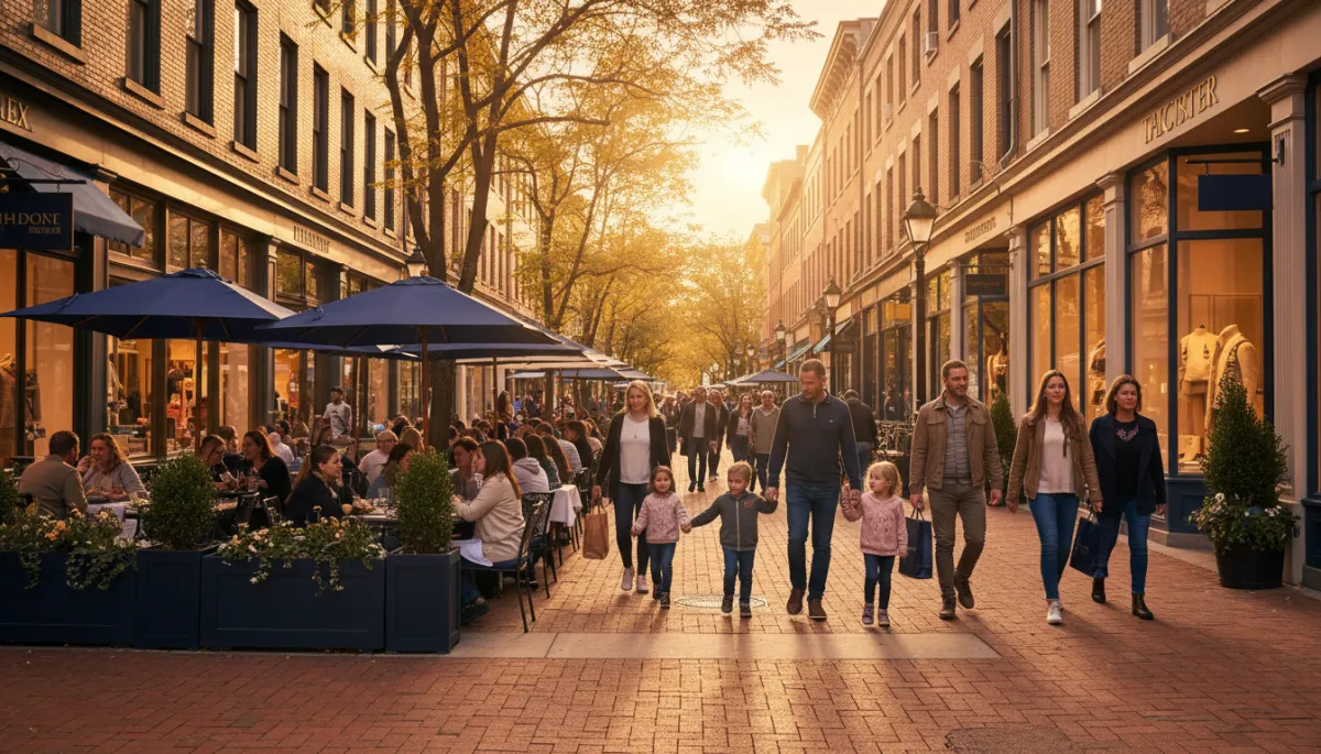 Church Street in Montclair NJ with outdoor dining and shops at sunset
