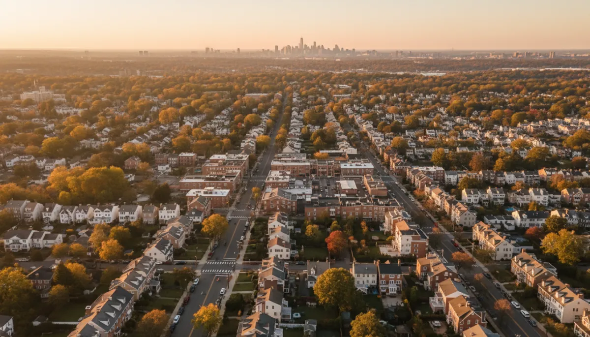 photorealistic aerial view of Chatham NJ at golden hour, tree-lined streets with classic colonials and center-hall colonials, walkable downtown in warm terracotta, cream, and taupe tones, subtle NYC skyline in distance