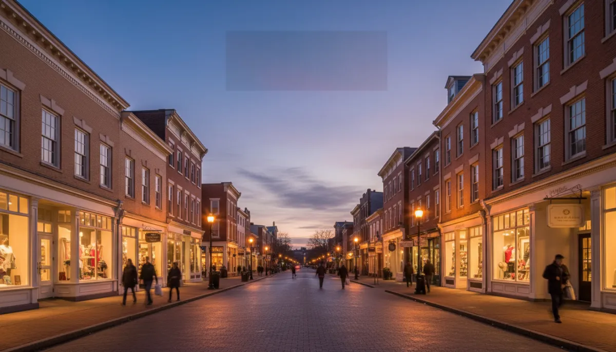 photorealistic twilight streetscape of Madison NJ downtown along Madison Avenue, warm terracotta brick buildings with cream trim, soft taupe sidewalks, glowing storefronts and people strolling, subtle text overlay area in sky