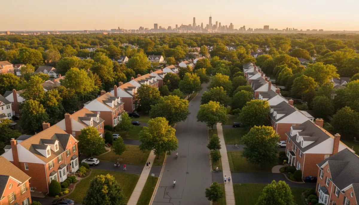 photorealistic aerial view of a leafy Livingston NJ neighborhood at golden hour, warm terracotta brick homes with cream trim, winding suburban streets, families walking and children biking on sidewalks, NYC skyline faintly visible in the distance, color palette in warm terracotta, cream, and taupe