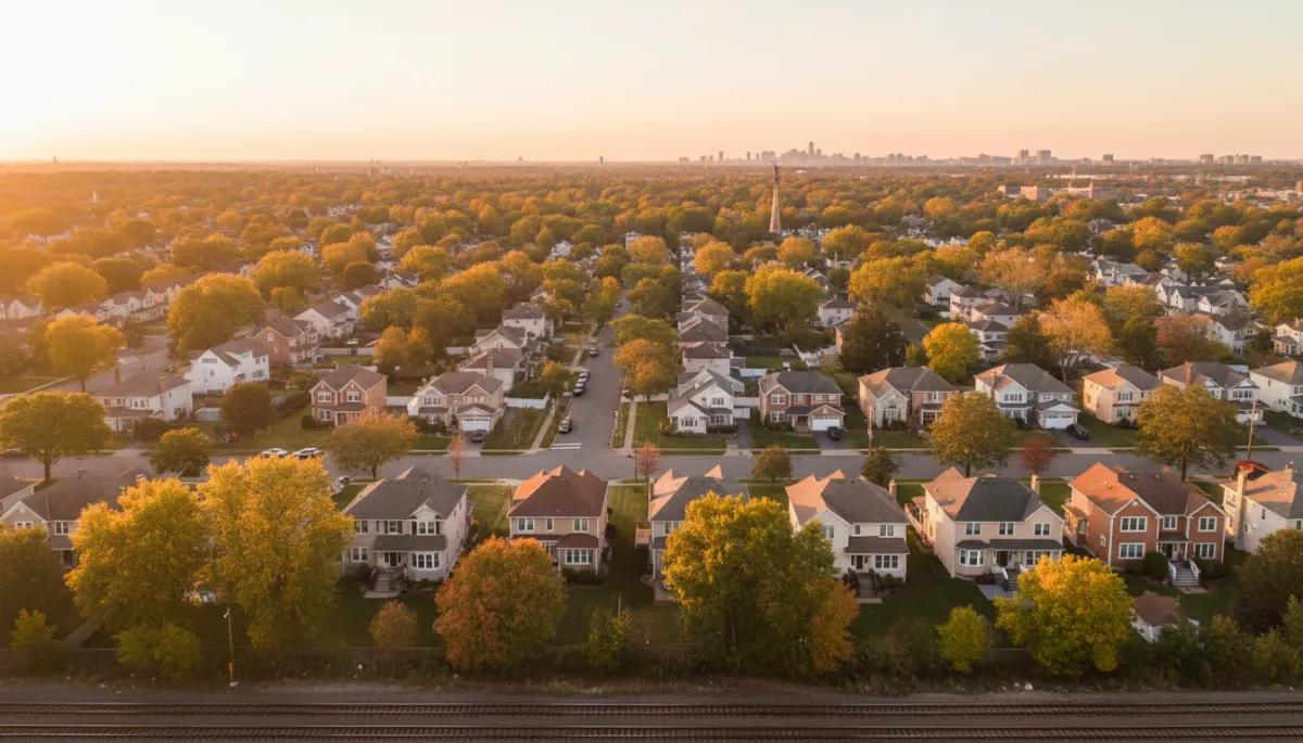 photorealistic aerial sunset view of a tree-lined New Providence NJ neighborhood with warm terracotta, cream, and taupe homes, soft golden light, distant train tracks hinting at NYC commute