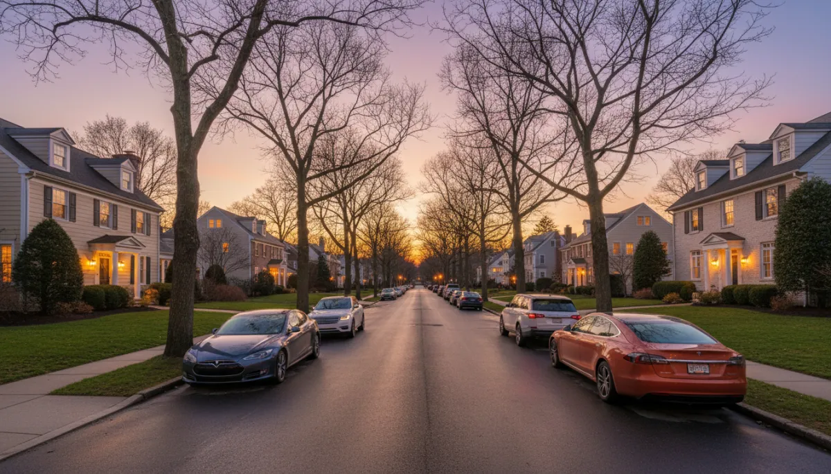 photorealistic twilight streetscape of an elegant Millburn NJ residential block, stately colonial and modern homes with warm interior lights glowing, mature trees, luxury cars parked along curb, subtle warm terracotta, cream, and taupe color palette (#866156, #D0B8A8, #F5EFE6), soft cinematic lighting